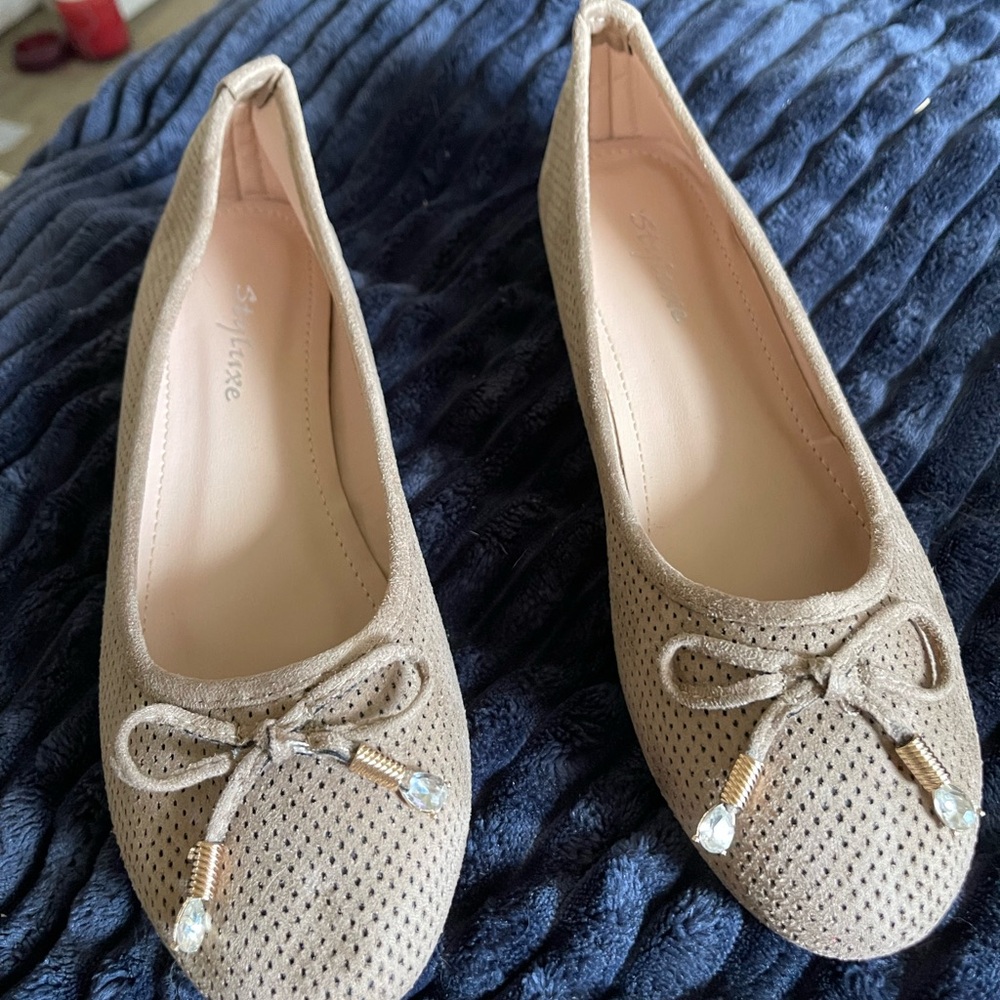 Styluxe Tan Perforated Loafers with Rhinestone Bow Detail